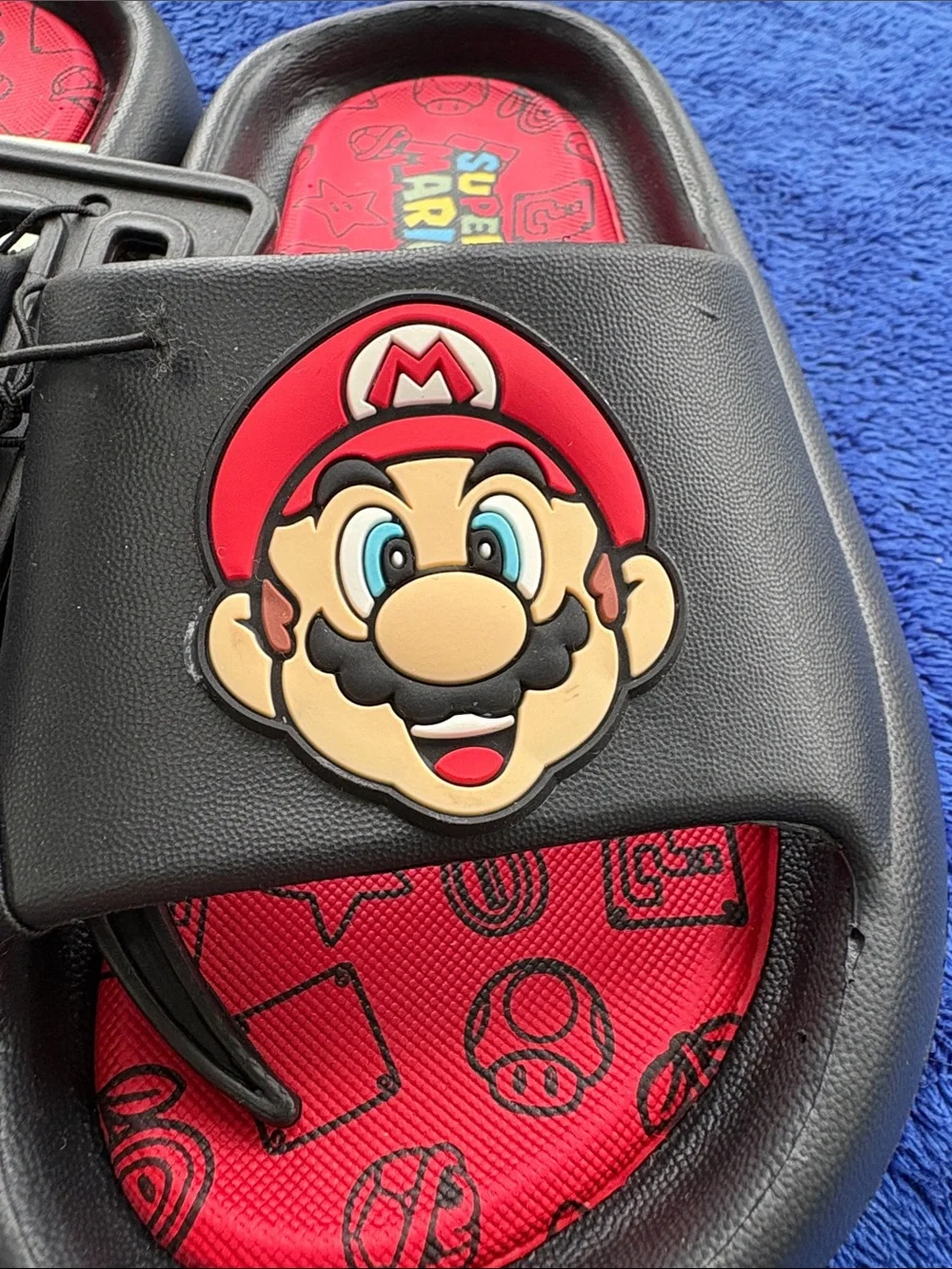 Super Mario Black & Red Slide Sandals with Mario Patch